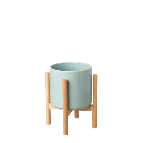Ceramic Planter with Wood Stand - 5" Pot
